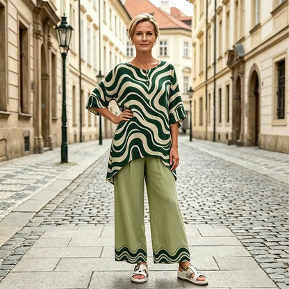 [Top + Pantalones] Traje informal de lino para mujer, la opción perfecta para vacaciones y para el día a día.