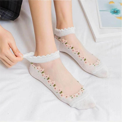 🔥10 pares de calcetines finos de encaje transpirables con estampado floral.
