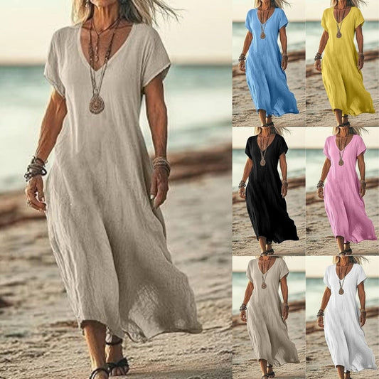 【S-3XL】2026 Vestido casual midi de color sólido Nuevo vestido suelto de manga corta de verano.