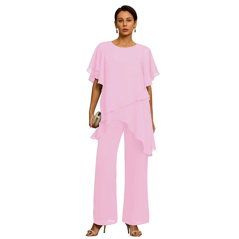 【Oferta por tiempo limitado】Elegante Conjunto de Chifón: Top Asimétrico με Volantes y Pantalón Ancho – Look Sofisticado para Eventos