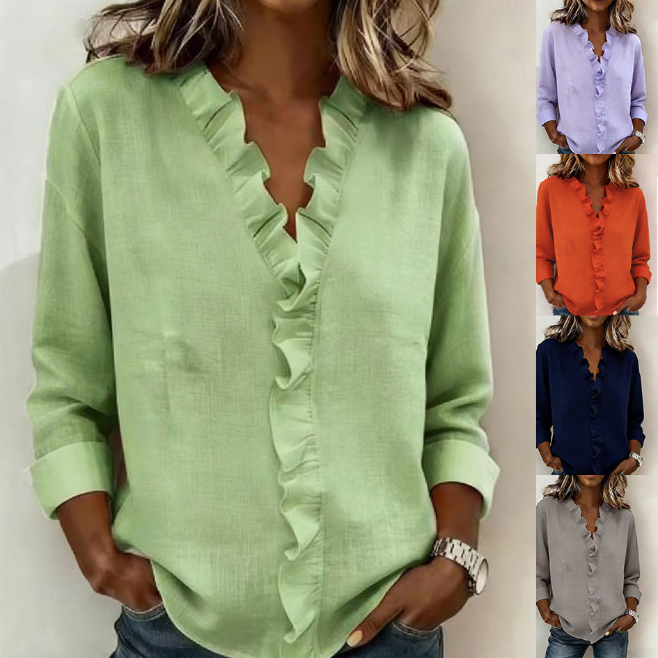 🔥 Pago contra reembolso ✅️【40-100kg】Camisa vaquera informal para mujer con cuello en V y volantes