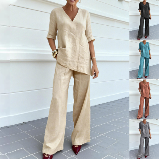 ❤️50% de descuento 💥【40-100 kg】2026 Camiseta de manga corta con cuello en V de algodón y lino de color liso + pantalón casual recto ✅️Pago contra entrega
