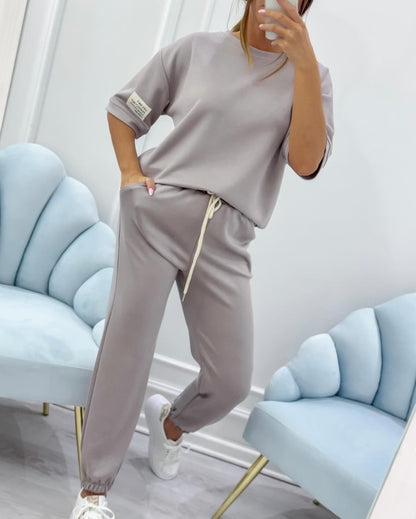 💕【S-5XL】Conjunto casual de verano para mujer de algodón puro, camiseta de color liso y pantalón_4303355