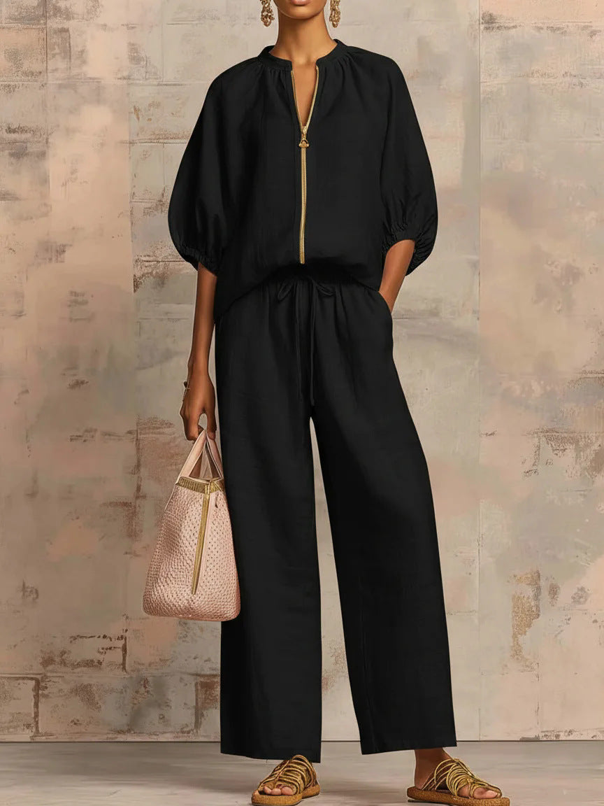 Maribel | Conjunto de lino con mangas murciélago y pantalón ancho