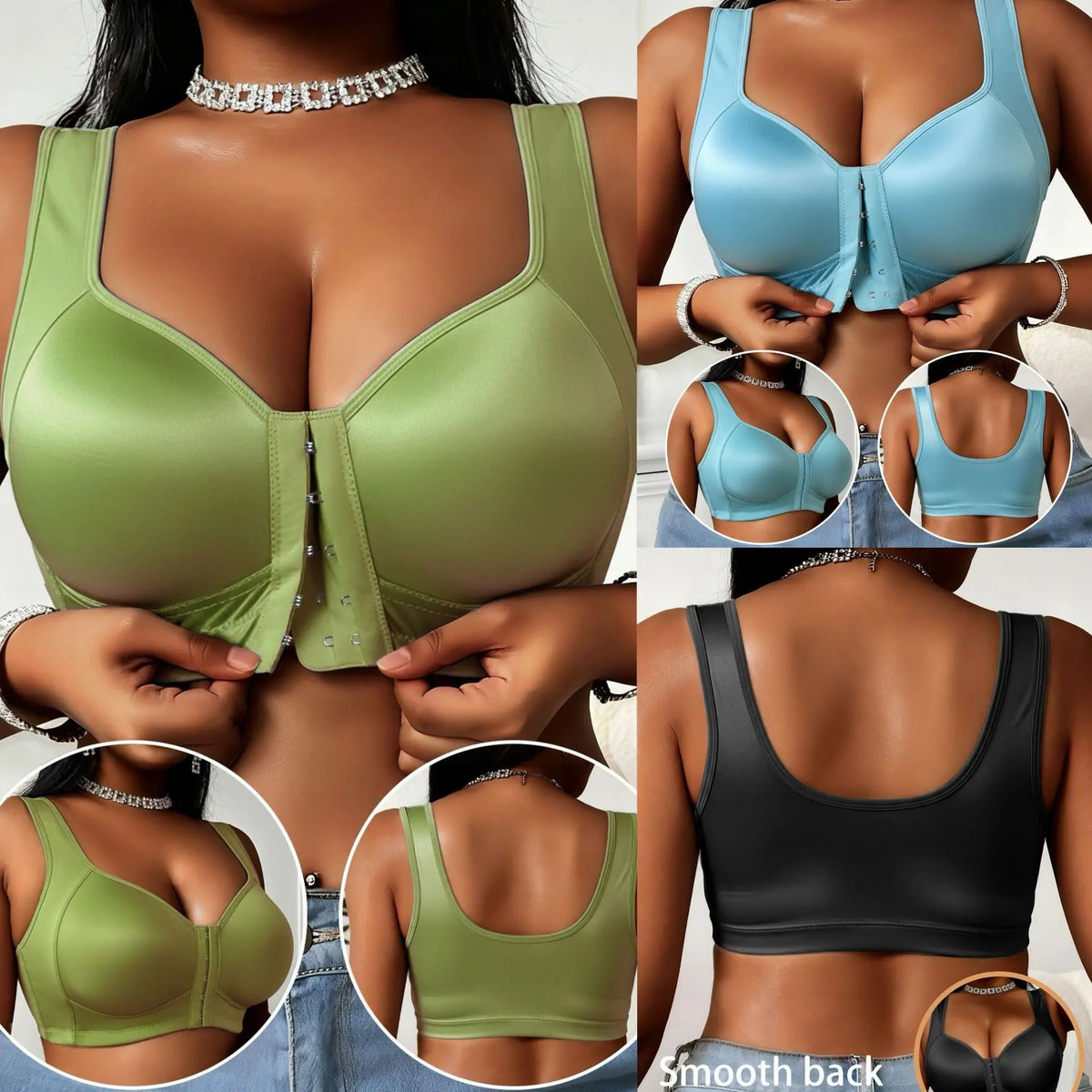 😍👙【3 piezas】【40-100 kg】Sujetador con escote bajo, sin aros, con cierre frontal y anticaída