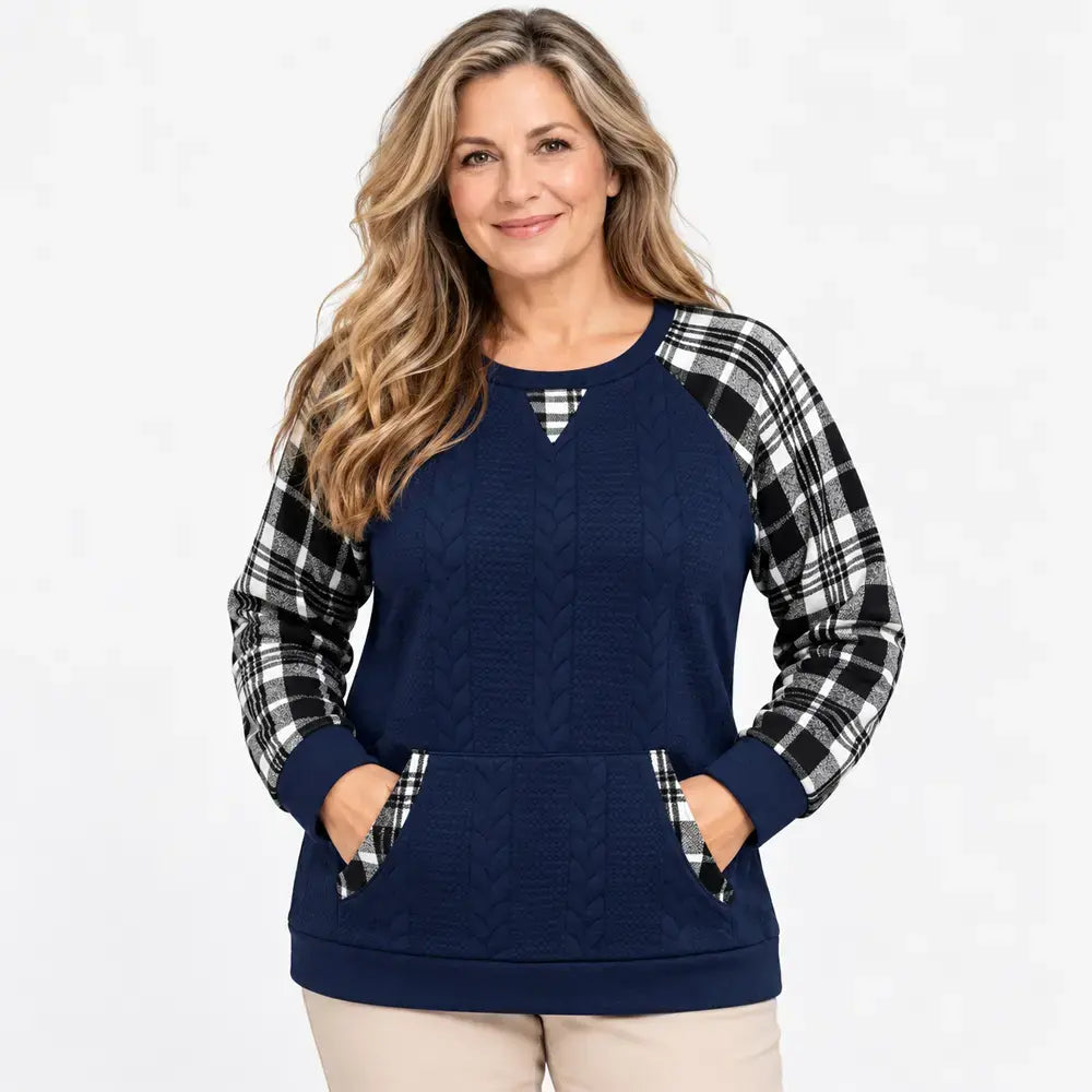 【S–2XL / 6 barev】Podzimní/zimní svetr s kostkovaným vzorem – západní styl, volný střih, dlouhé rukávy, kulatý výstřih, patchwork