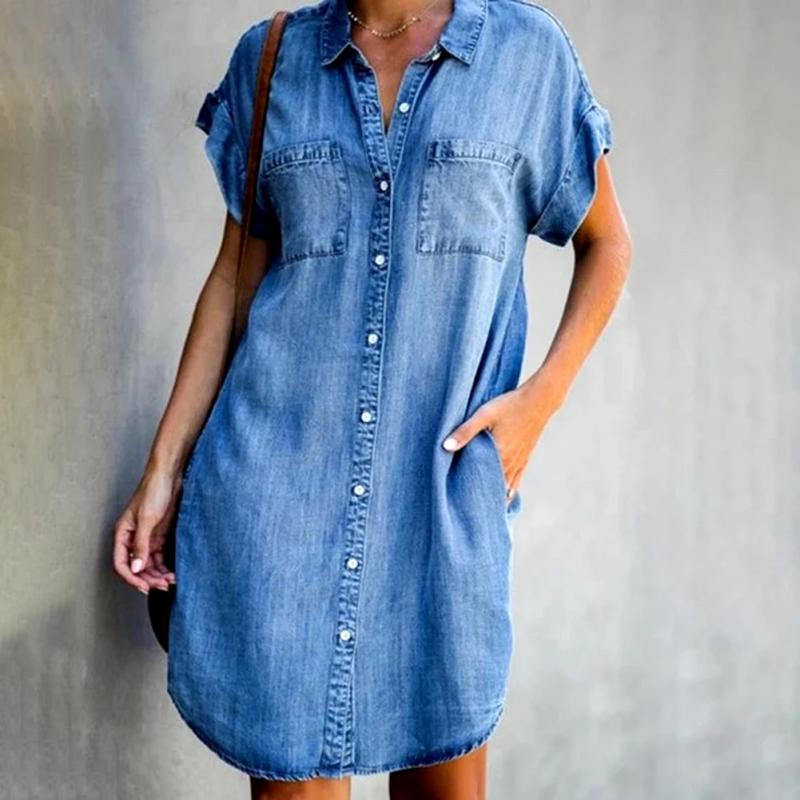 🔥【Sleva 50 %】【Kupte 1 a získejte 1 zdarma】【S-5XL】Dámské džínové šaty s krátkým rukávem-4045164