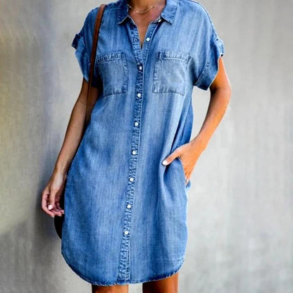 🔥【Sleva 50 %】【Kupte 1 a získejte 1 zdarma】【S-5XL】Dámské džínové šaty s krátkým rukávem-4045164
