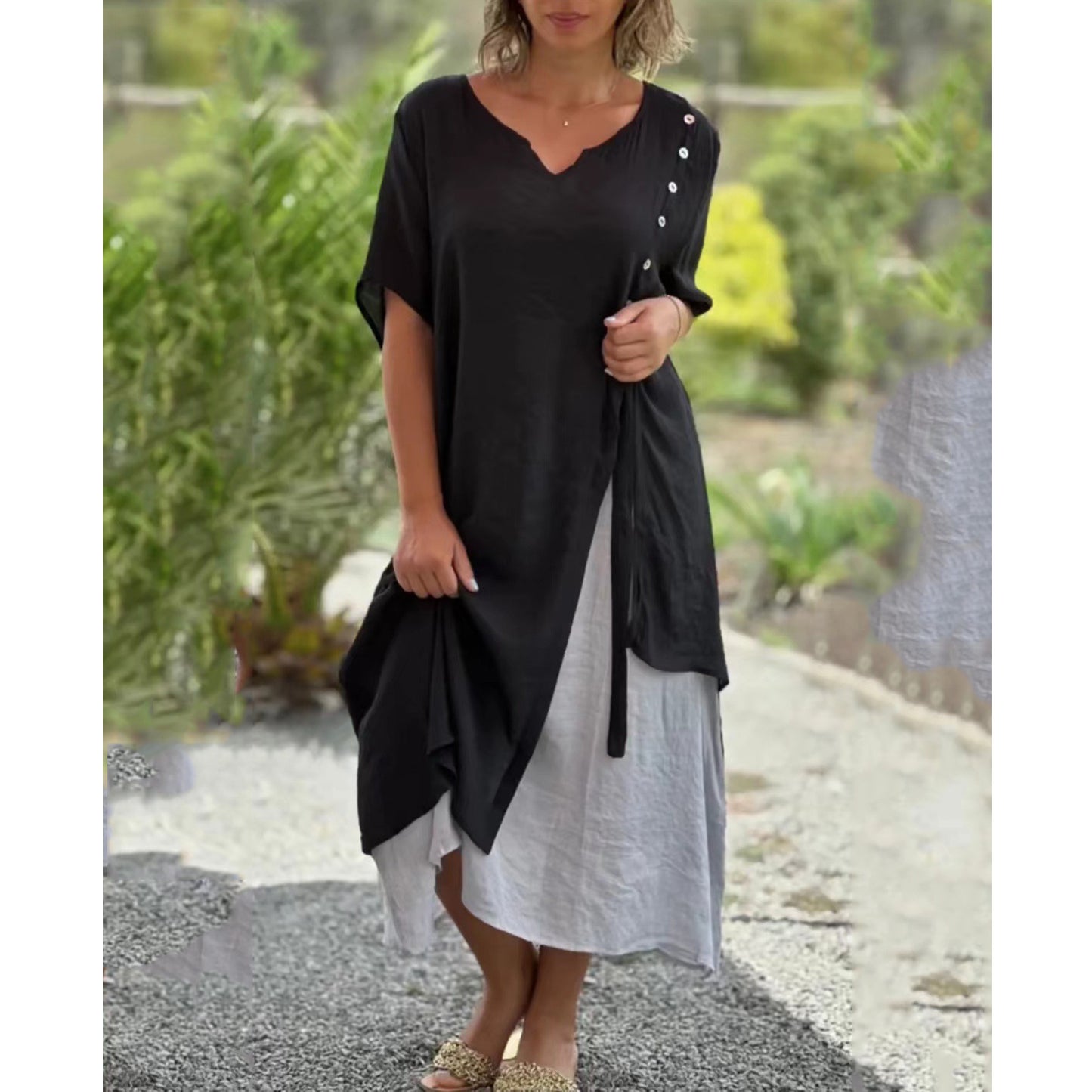 🔥💗【S-4XL】✨Elegantní dvoudílné bavlněné šaty 2 v 1 s výstřihem do V, asymetrickým střihem – Styl 2026 🌟👗