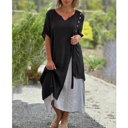 🔥💗【S-4XL】✨Elegantní dvoudílné bavlněné šaty 2 v 1 s výstřihem do V, asymetrickým střihem – Styl 2026 🌟👗