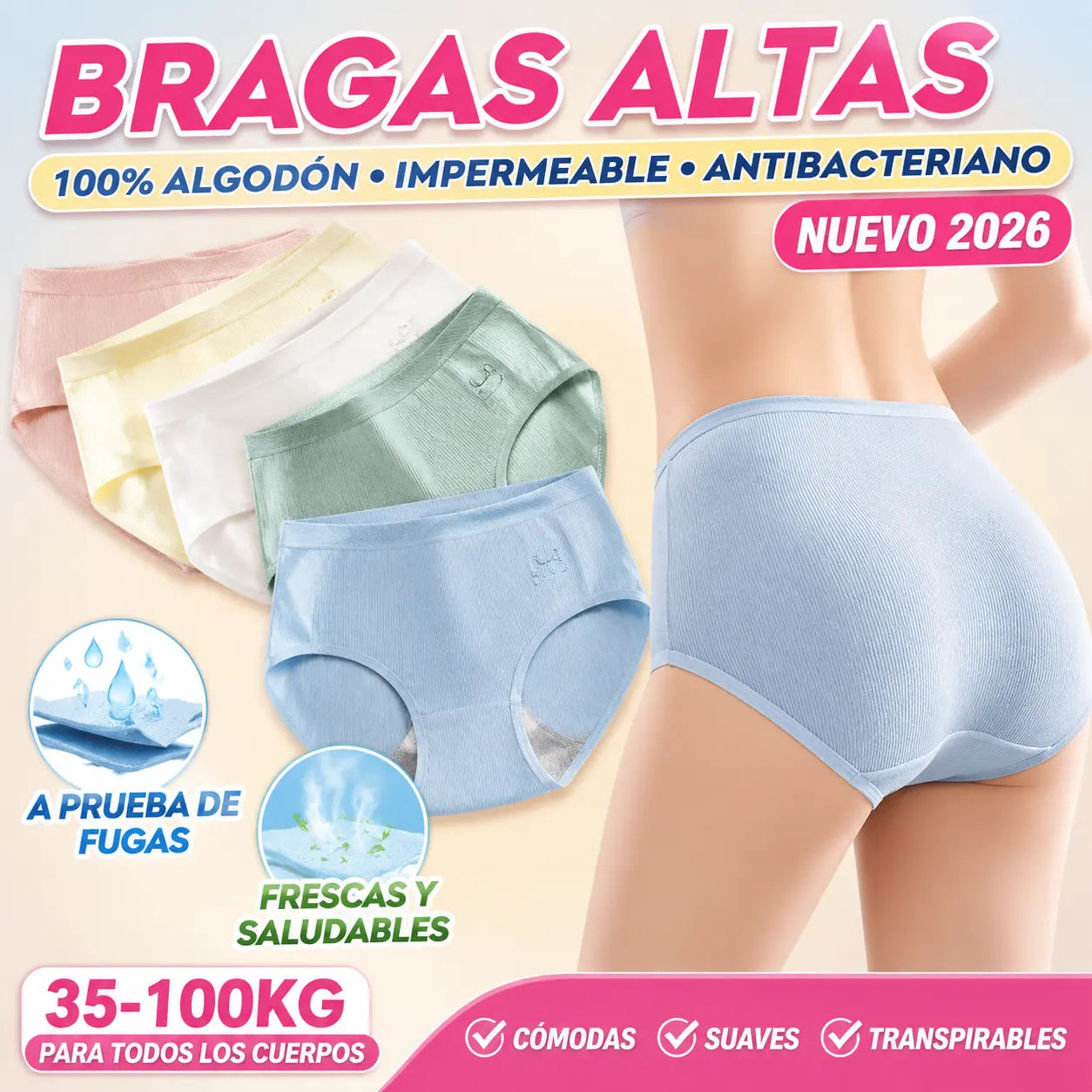 🔥【30% OFF】7 piezas por 25 euros【Tallas M-2XL】Nuevas braguitas premium de algodón de talle alto, impermeables y antibacterianas (colección 2026)-【Para pesos de 35 a 100 kg】