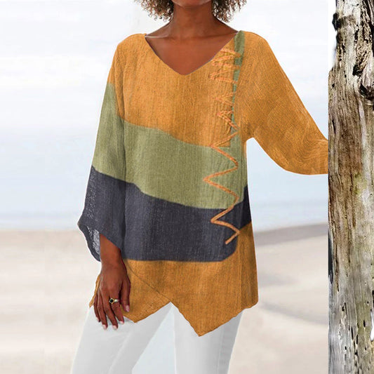 ⏳ Τελευταία μέρα - 50% έκπτωση 😍【S~5XL】Γυναικείο κομψό casual τοπ με V ντεκολτέ και μακριά μανίκια, καλλιτεχνικό σχέδιο και τύπωμα