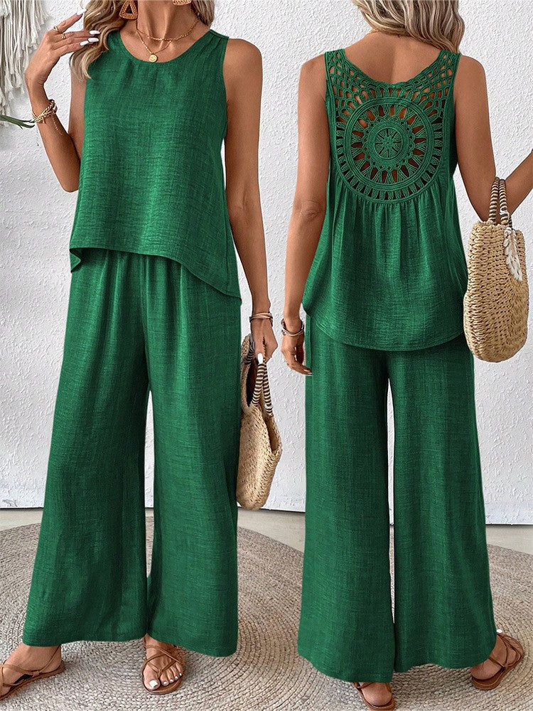 ❤️50% de descuento💥【40-100 kg】Nuevo conjunto de pantalón largo floral con espalda descubierta de color liso para mujer 2026 ✅️Pago contra entrega