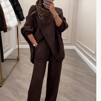 🔥 Γυναικείο σετ δύο τεμαχίων – Ασύμμετρο πουλόβερ + φαρδύ παντελόνι, φαρδιά εφαρμογή, απαλό ύφασμα, εξαιρετικά άνετο👚 Δωρεάν αποστολή✨