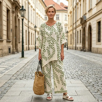 [Top + Pantalones] Traje informal de lino para mujer, la opción perfecta para vacaciones y para el día a día.