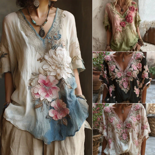 🌺【Omezená nabídka】Elegantní halenka s květinovým potiskem a hlubokým výstřihem do V 【S-4XL】