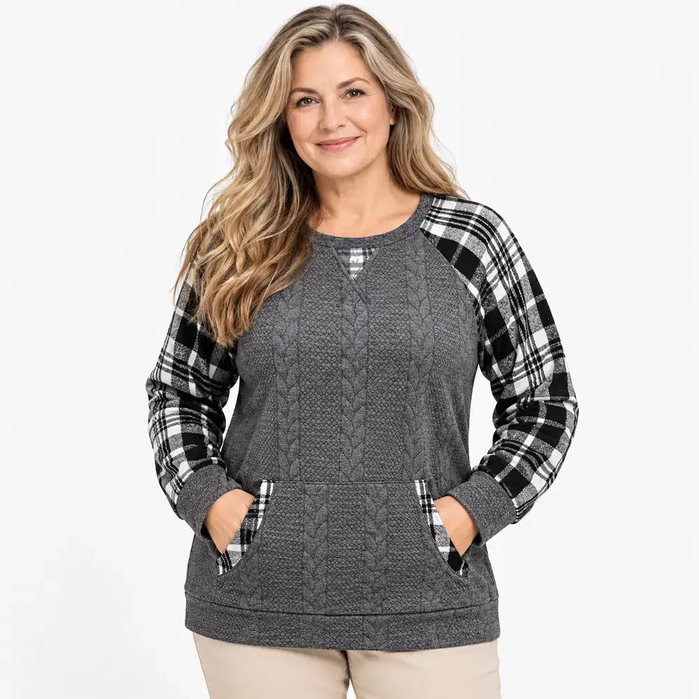 【S–2XL / 6 barev】Podzimní/zimní svetr s kostkovaným vzorem – západní styl, volný střih, dlouhé rukávy, kulatý výstřih, patchwork