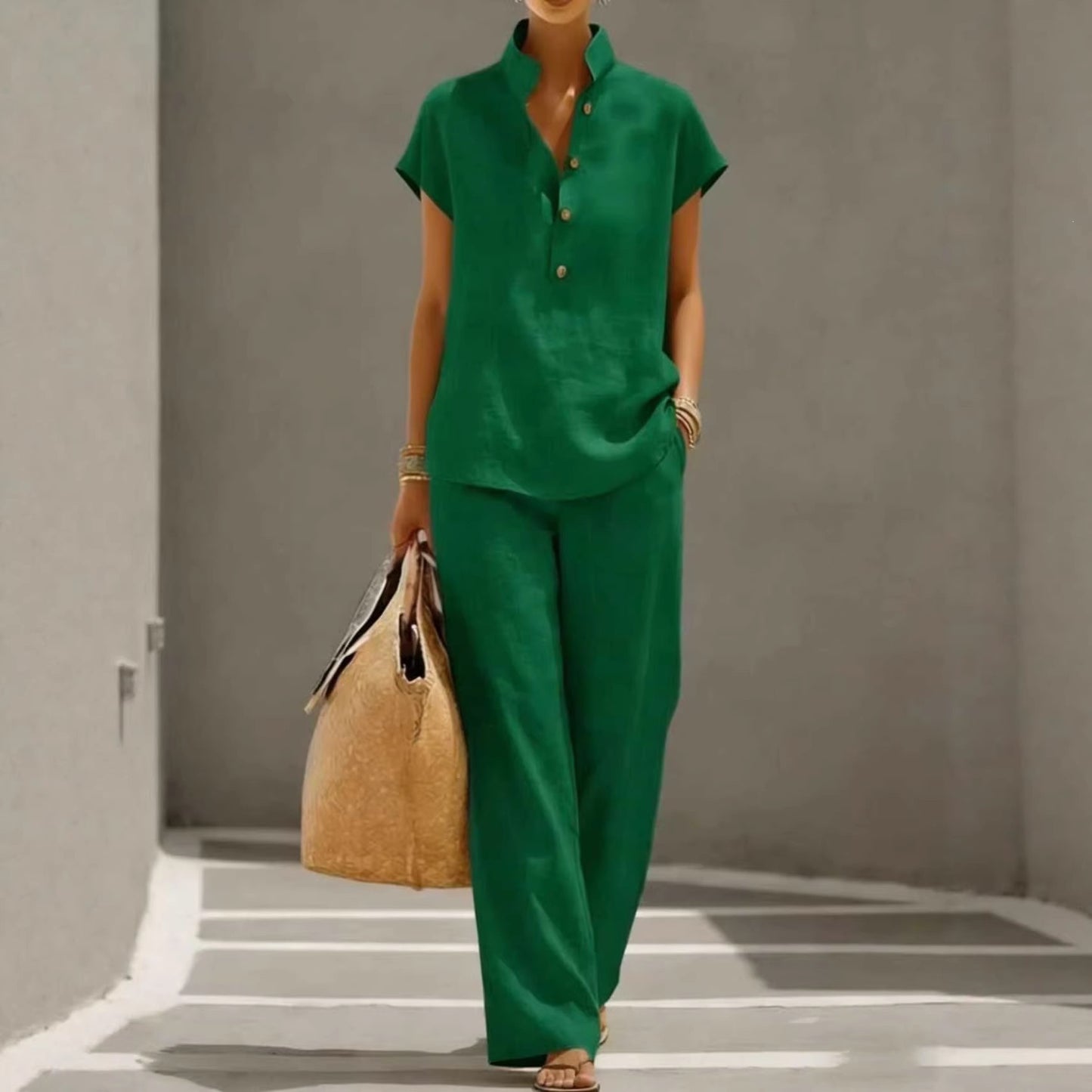🔥【¡Oferta al 50%!!】✨Conjunto de mujer de lino y algodón: blusa de manga corta y pantalón ancho, estilo casual elegante de verano