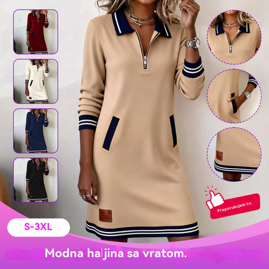 🔥🔥【40-100 kg】Nova zimska ležerna haljina s patentnim zatvaračem, ovratnikom, dugim rukavima i džepom u blok boji - 4221562