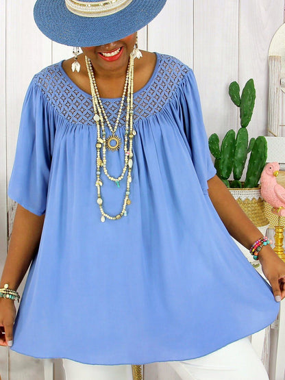 【XL-8XL】Dámské letní nové jednobarevné volné krajkové oblečení pro větší velikosti