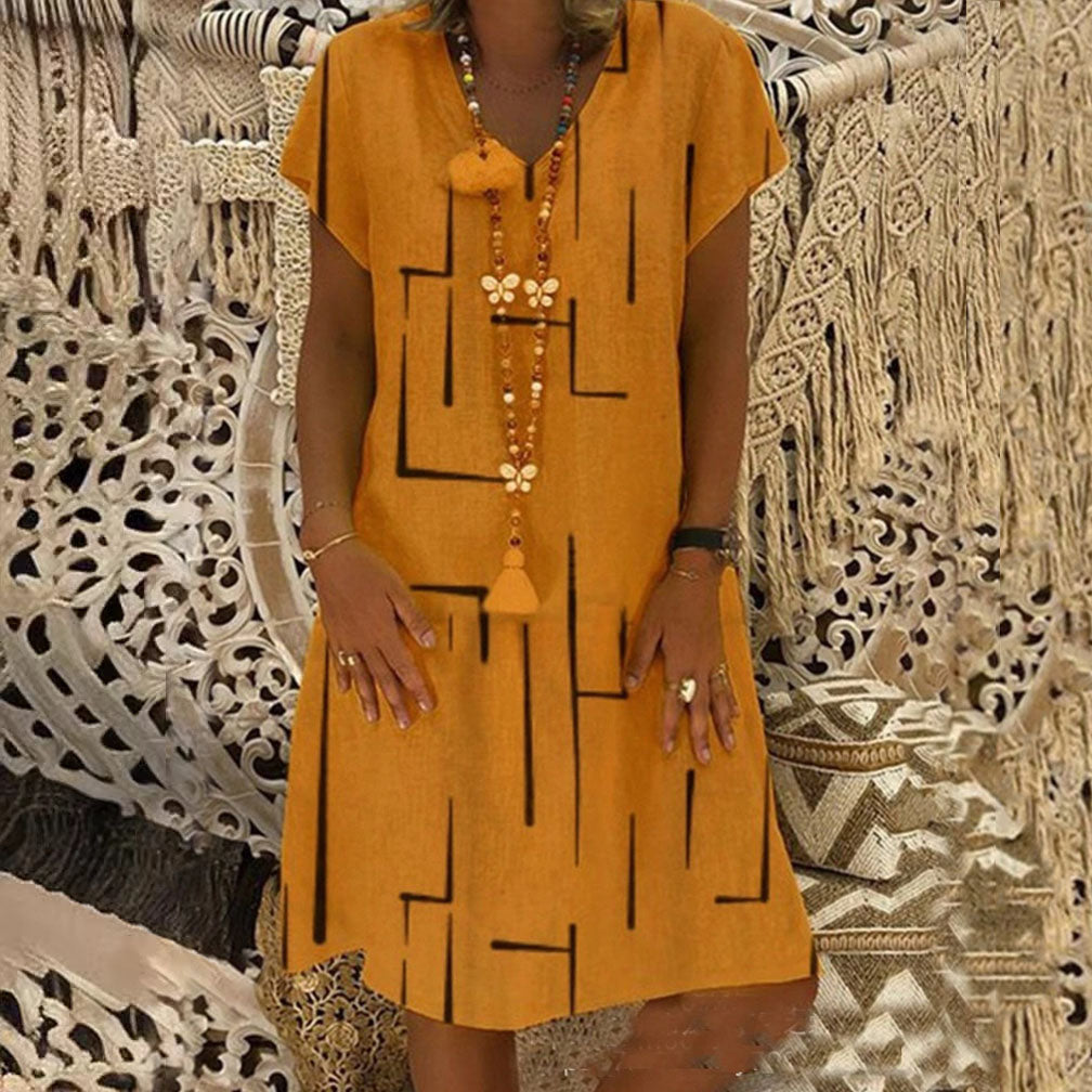 🌲😍Vestido estampado de lino y algodón con cuello en V, color oro puro, 2026 - Oferta