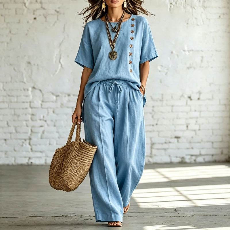 🎨 【Conjunto de camiseta y pantalón de pierna ancha】Conjunto casual moderno hecho de algodón y lino, cómodo y transpirable.