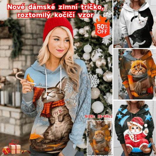🐱【S-6XL】Nové dámské zimní tričko, roztomilý kočičí vzor