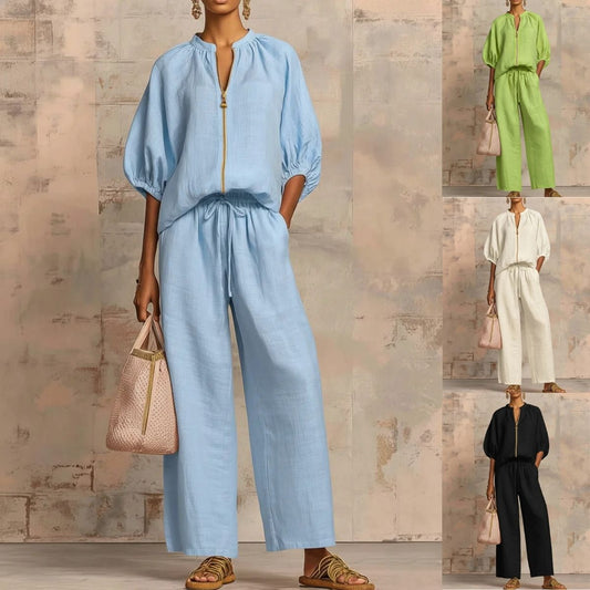 Maribel | Conjunto de lino con mangas murciélago y pantalón ancho