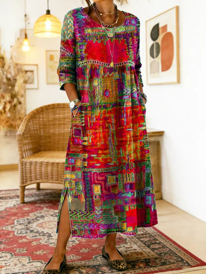 Manuela | Vestido Maxi Bohemio con Estampado de Patchwork Étnico