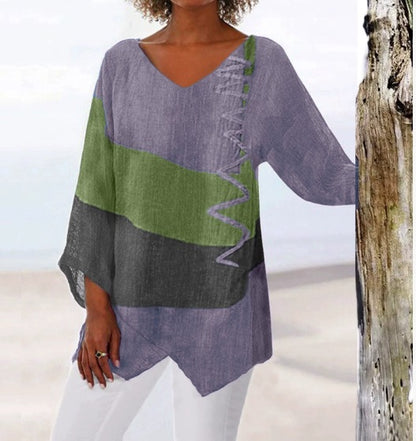 ⏳ Poslední den – sleva 50 % 😍【S~5XL】Dámský elegantní ležérní top s výstřihem do V a dlouhým rukávem, uměleckým vzorem a potiskem