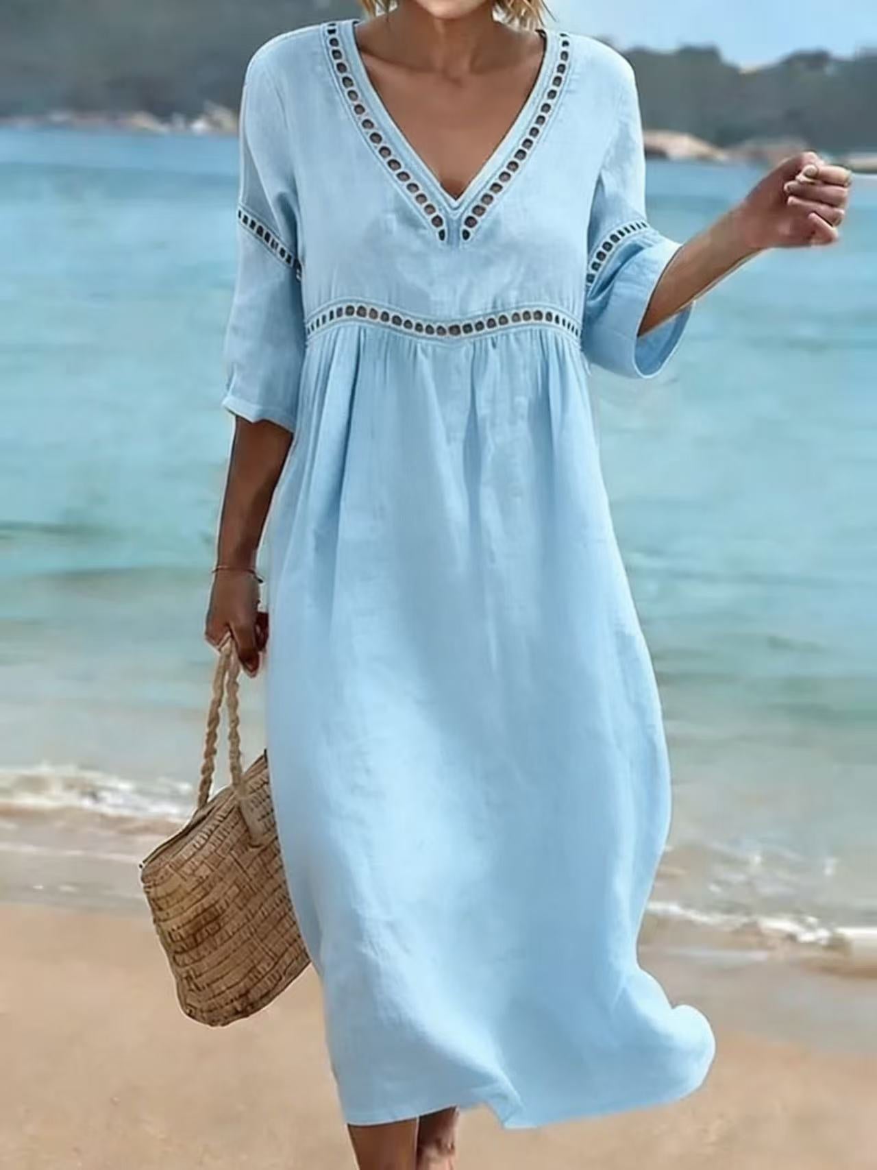 👗【S-3XL】Letnia modna bawełniano-lniana sukienka z dekoltem w serek, oddychająca, wygodna i wyszczuplająca
