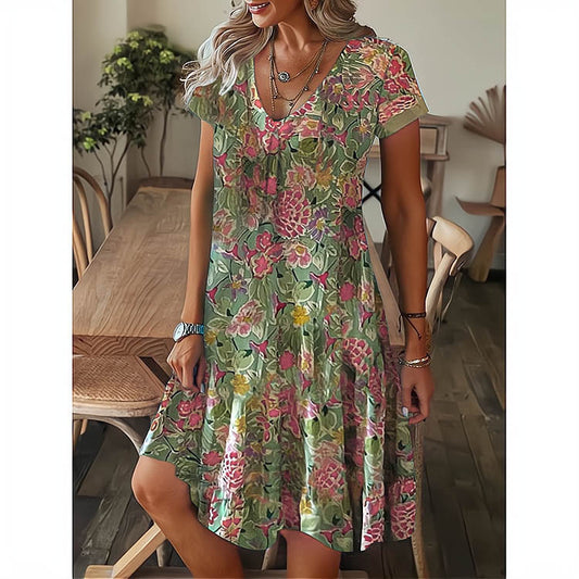 【S-5XL】V-Neck krátký rukáv volné tištěné letní neformální šaty