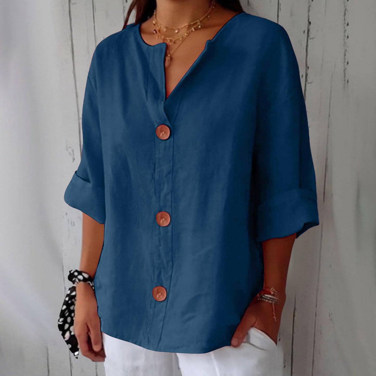🔥【Descuento por tiempo limitado】【S-5XL】🔥Novedad para primavera/verano 2026: Camiseta holgada - Top de cuello en V de algodón y lino para mujer