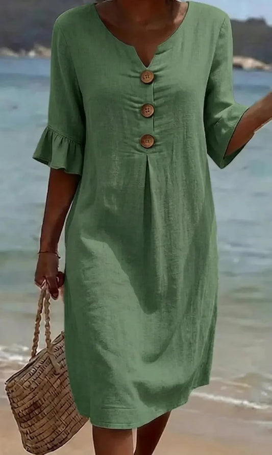 ✨【S-3XL】Vestido de mujer de algodón y lino con mangas abullonadas y botones