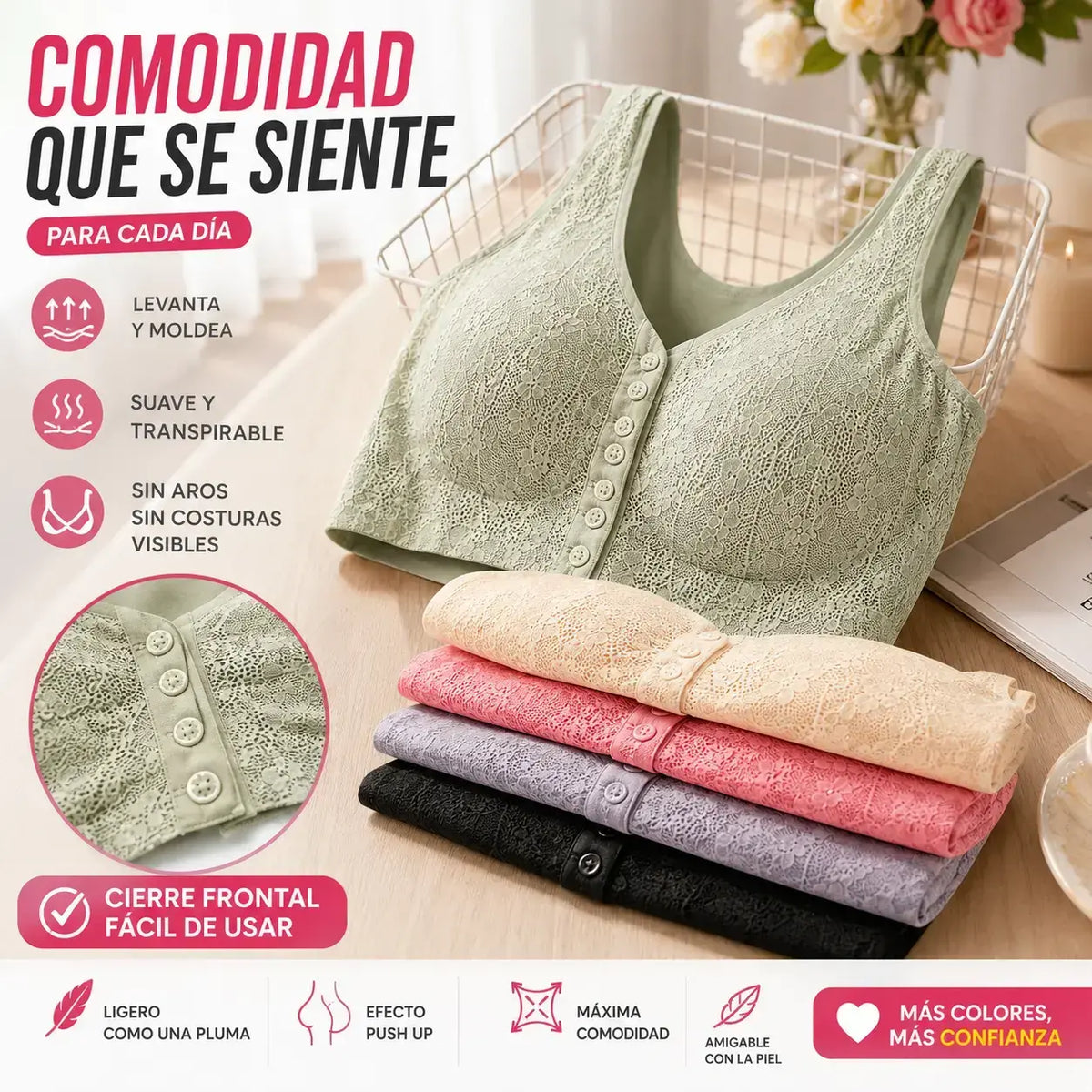 😍【Paquete de 5 Piezas】Sujetador Inalámbrico para Mujer con Botón Frontal ❤️【40-100kg】