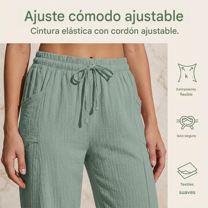 🌸【Compra 1 y llévate 1 gratis】Pantalones cropped plisados de color sólido para mujer, de algodón y lino