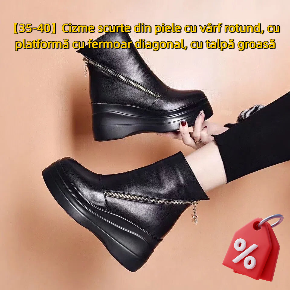 【35-40】Krátké kozačky na platformě s kulatou špičkou a silnou podrážkou na zip