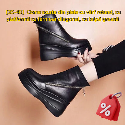 【35-40】Krátké kozačky na platformě s kulatou špičkou a silnou podrážkou na zip