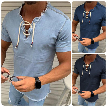 🤠👔【Sleva 50%✨】【S–4XL】Pánské tričko s krátkým rukávem z elastické džínoviny, s dekorativní šňůrkou, dostupné ve větších velikostech