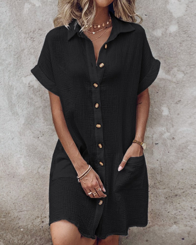 【S-2XL】2026 Vestido suelto de lino y algodón de manga corta y largo medio con botones