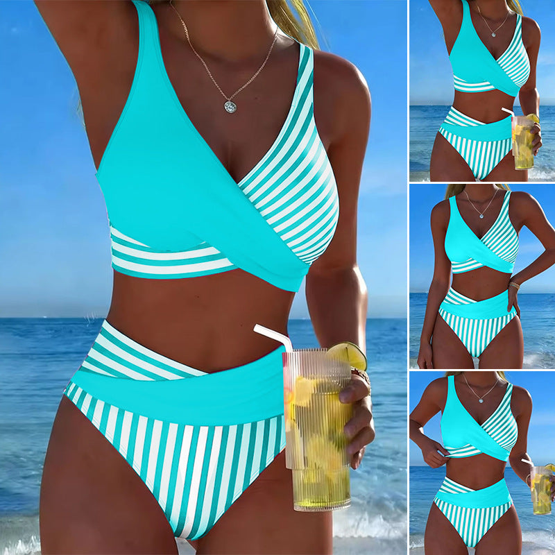 【S-3XL】Bikini de dos piezas con bloques de color y estampado de rayas – Pago contra entrega