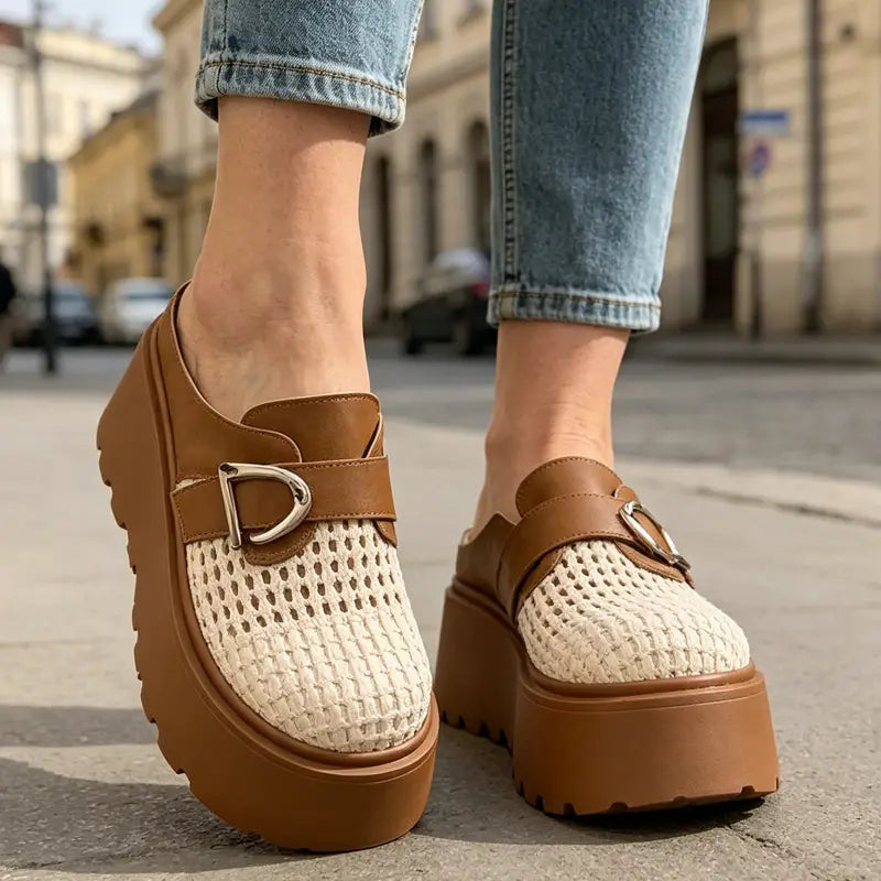 Zuecos con plataforma track para verano: diseño de tejido calado transpirable, estilo retro moderno, tallas 35-40