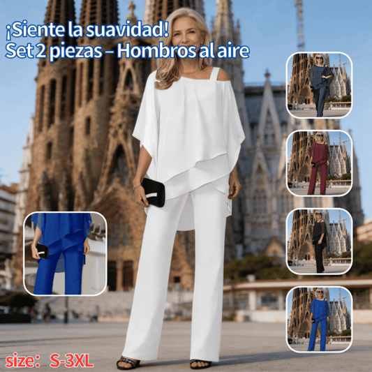 ⏳Oferta limitada⏰【50-120KG】👚👖Set 2 piezas mujer – Blusa + Pantalón, piel suave, hombros fuera ✅ Ideal para junio ☀️¡Cómodo y fresco!