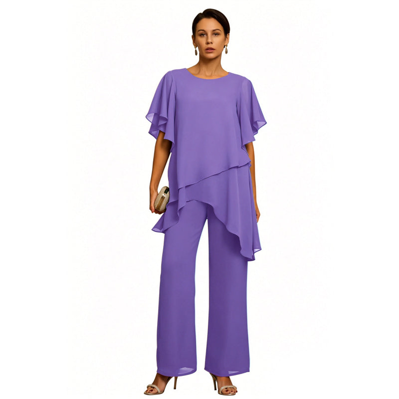 【Oferta por tiempo limitado】Elegante Conjunto de Chifón: Top Asimétrico με Volantes y Pantalón Ancho – Look Sofisticado para Eventos