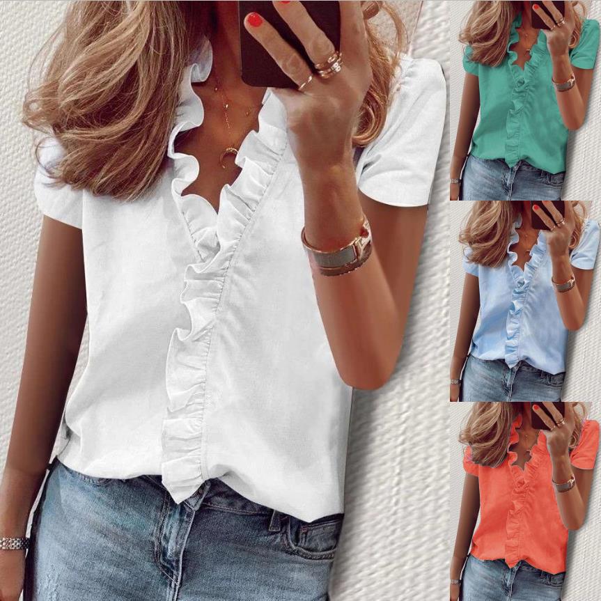 🔥Pago contra entrega✅️【S-5XL】Camiseta casual de manga corta para mujer, diseño con cuello en V y volantes