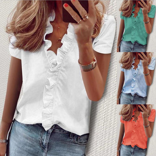 🔥Pago contra entrega✅️【S-5XL】Camiseta casual de manga corta para mujer, diseño con cuello en V y volantes