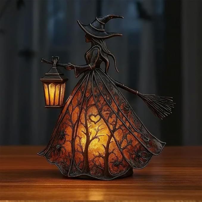 🧙‍‍♀️Halloweenská lampa s čarodějnicí, strašidelná gotická lucerna, unikátní dekorativní figurka pro stolní lampu, noční světlo s nohami, vhodné do domácnosti, na verandu, do kanceláře, na párty, lze použít jako halloweenskou i dárkovou dekoraci.-4113281