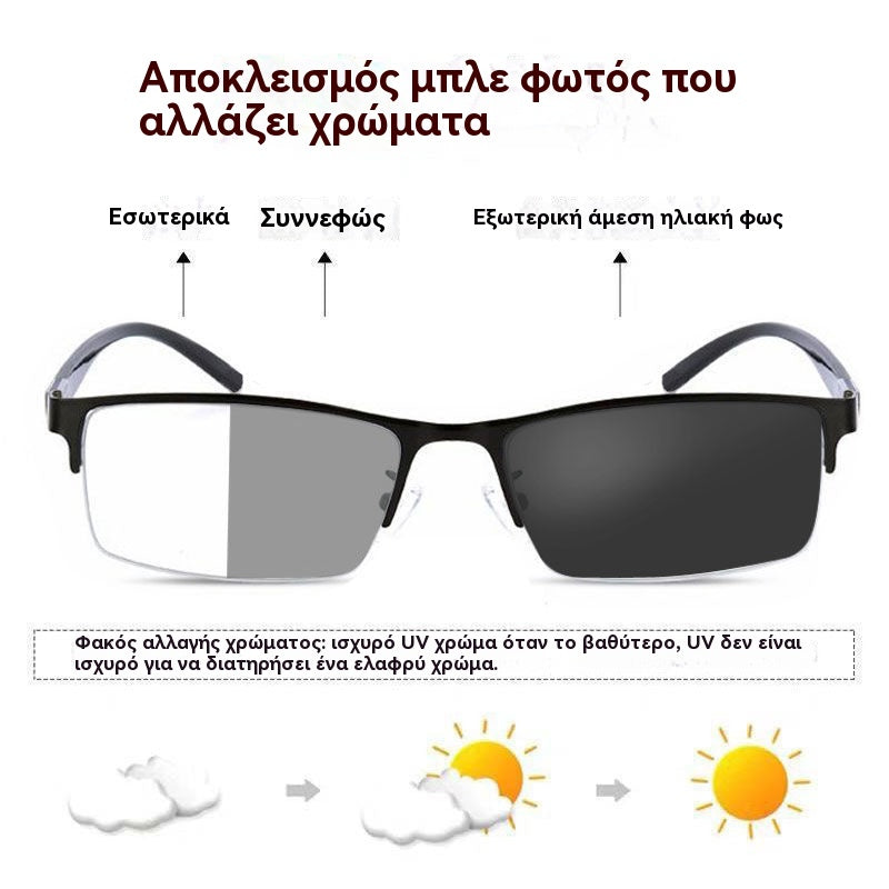 🕶️🔥（ συνταγές 0 έως +6,00）Μεταλλικά φωτοχρωμικά γυαλιά ηλίου μισού πλαισίου, γυαλιά μυωπίας κατά του μπλε φωτός, γυαλιά ηλίου οδήγησης