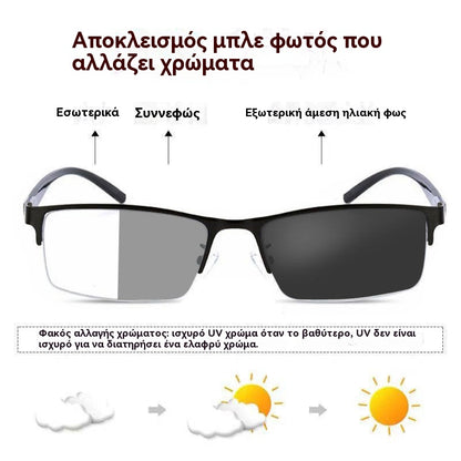 🕶️🔥（ συνταγές 0 έως +6,00）Μεταλλικά φωτοχρωμικά γυαλιά ηλίου μισού πλαισίου, γυαλιά μυωπίας κατά του μπλε φωτός, γυαλιά ηλίου οδήγησης