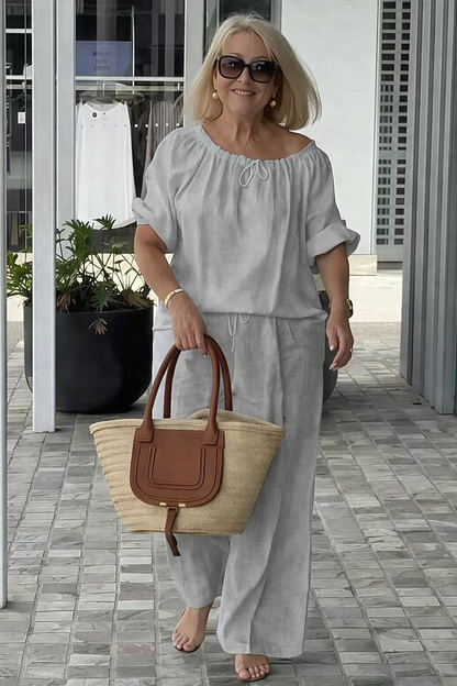 👑💃Conjunto de Verano 2026: Corte Relajado en Algodón y Lino 【Blusa de Cuello Redondo con Cordón + Pantalones】